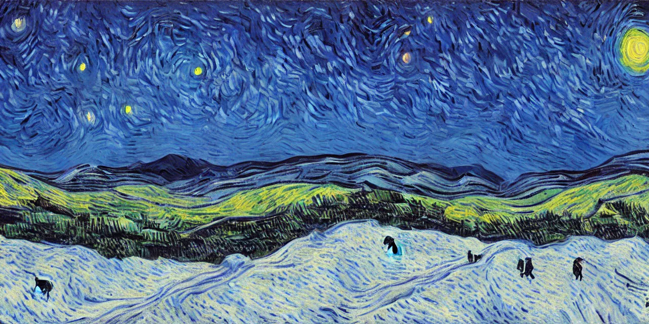 Image similar to thick impasto textured oil painting of the laurentian appalachian mountains in winter by vincent van gogh, unique, original and creative landscape, snowy night, distant town lights, aurora borealis, deers and ravens, footsteps in the snow, brilliant composition