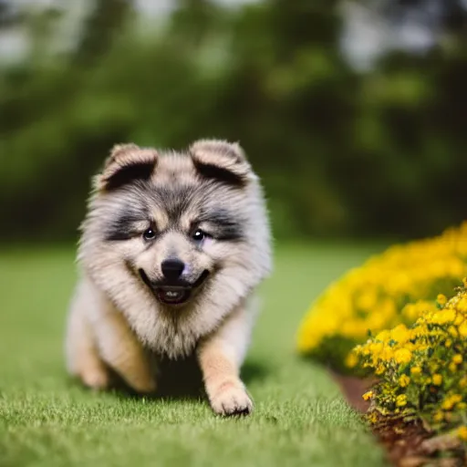 Image similar to a keeshond puppy sniffing a flower, sigma 8 5 mm f / 1. 4