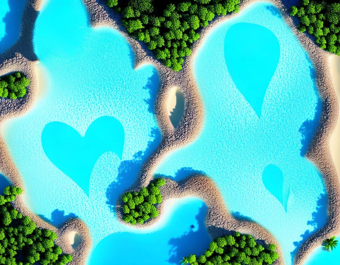 Image similar to closeup shot photo of ultra realistic blue lagoon with exotic tree heart / shaped sandy beach island, sunset lighting