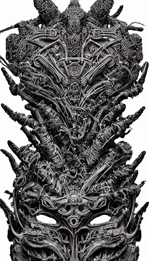 Image similar to ancient biomechanical hybrid aztec fantasy beautiful symmetrical monster face mask tattoo pattern concept, teonanacatl glyph, intricate artwork by, Johnatan Wayshak, Zdizslaw Beksinski, face by Artgerm, H.R. Giger, very coherent artwork, cinematic, hyper realism, high detail, octane render, unreal engine, 8k, High contrast, higly detailed black ink outline, crosshatch sketch gradient