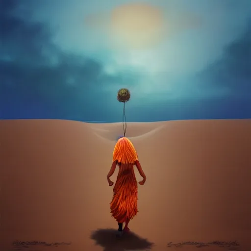 Prompt: closeup giant dahlia flower replacing head, a girl walking between dunes, surreal photography, sunrise, blue sky, dramatic light, impressionist painting, digital painting, artstation, simon stalenhag