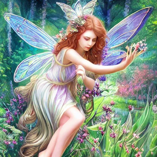 Image similar to the most beautiful fairy sitting on a flower in an amazing peaceful forest, fantasy artwork, detailed, sharp