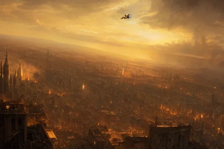 Prompt: a unicorn flying over a city on fire, matte painting, long shot, concept art, wide shot, digital art, trending on artstation, 4 k, extremely detailed, realistic, midday, warm colors, golden sunlight, by greg rutkowski, cinematic, epic