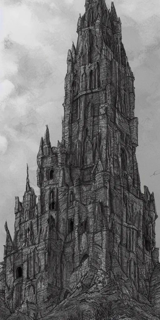 Image similar to lord of the rings tall medieval tower of dark stone on a castle on a hill. stone ruins at the bottom. a dark forest around. illustration on artstation