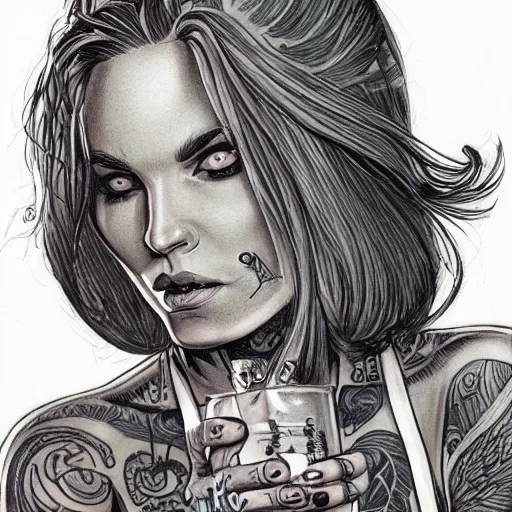 Prompt: a very accurately drawn beautiful portrait of a heavily tattooed woman handing you a beer in Travis Charest style