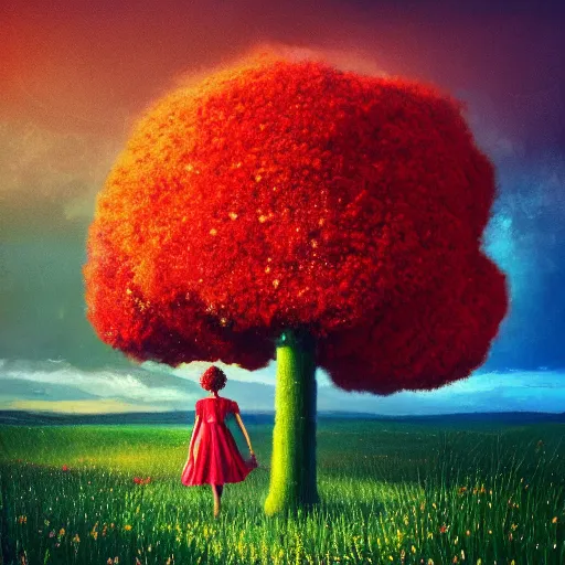 Image similar to giant red flower afro, full body, girl floating in the middle of a field with flowers, surreal photography, hills, sunrise dramatic light, impressionist painting, colorful clouds, digital painting, pointillism, artstation, simon stalenhag