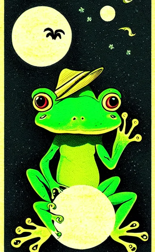 Prompt: cute cottagecore aesthetic frog mushroom moon witchy vintage illustration