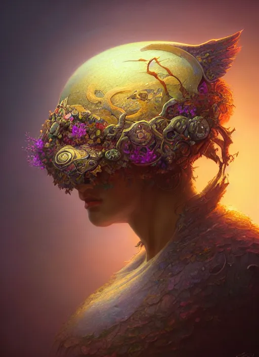 Image similar to helmet of a forgotten deitymade of flower petals, in the style of tomasz alen kopera and fenghua zhong and peter mohrbacher, mystical colors, rim light, beautiful lighting, 8 k, stunning scene, raytracing, octane, trending on artstation