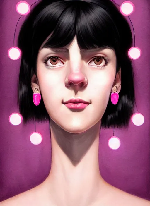 Image similar to portrait of high school girl, realistic, black hair, bangs, half updo hairstyle, pointy nose, skinny, smile, ugly, defined jawline, big chin, pink hair bow, earrings, intricate, elegant, glowing lights, highly detailed, digital painting, artstation, sharp focus, illustration, art by wlop, mars ravelo and greg rutkowski