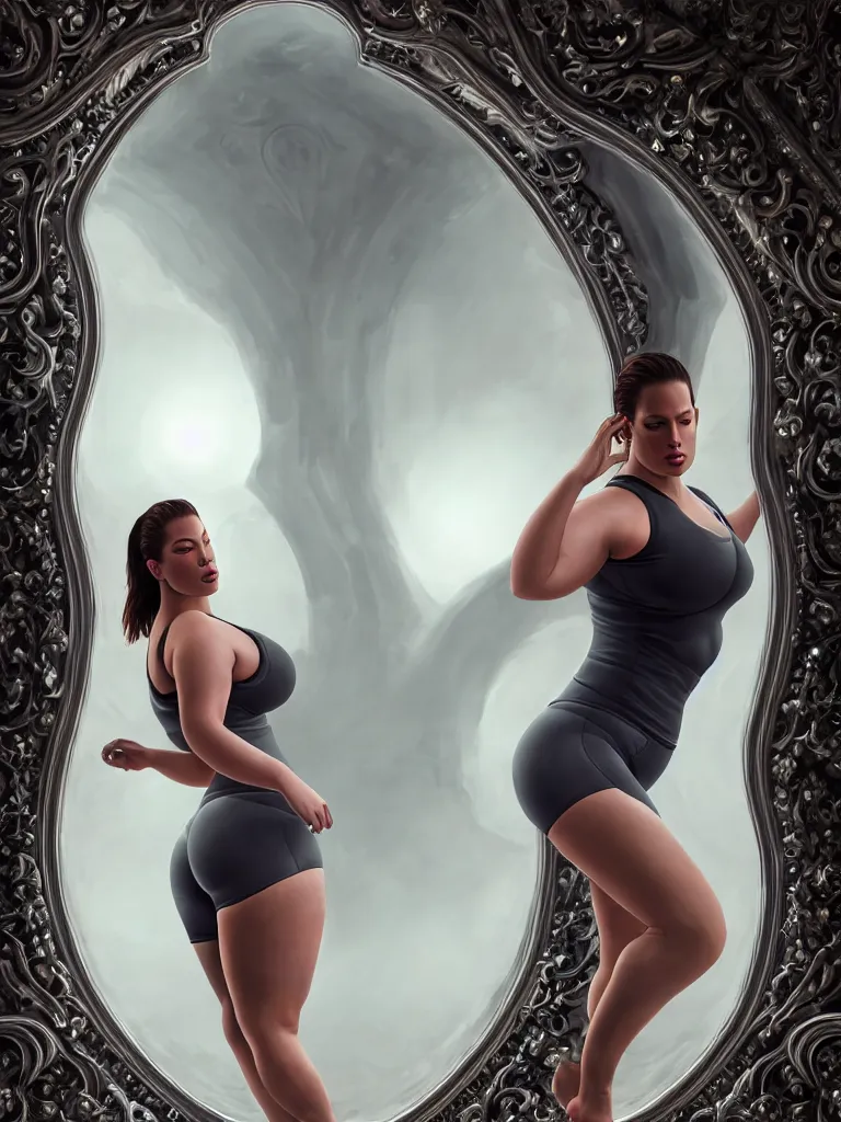 Image similar to beautiful ashley graham in lycra yoga shorts, chrome futuristic detail misty foggy mike jordana, konstantin porubov, valeriy vegera, hypermaximalist, elegant, ornate, rococo, baroque ornament detail, elite, creepy, radiant, matte painting, cinematic, cinematic lighting, corel painter, cgsociety, atmospheric