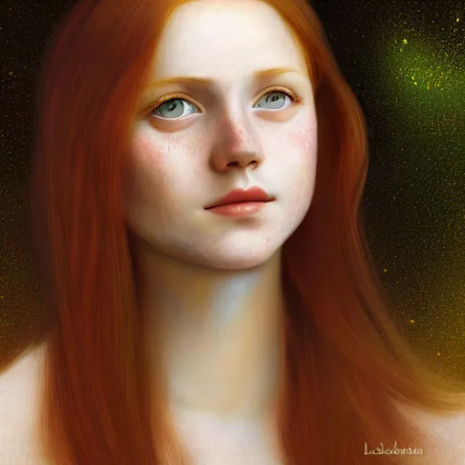 Image similar to portrait of a red haired girl, long hair, green eyes, hint of freckles, beautiful round face, soft amazed smiles, among golden fireflies, highly detailed, deep focus, elegant, digital painting, smooth, sharp focus, golden ratio, illustration, ultra realistic, 8 k, art by leonardo da vinci