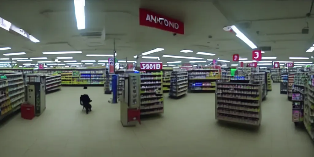 Image similar to abandoned human android factory in a convenience store, damaged camcorder video