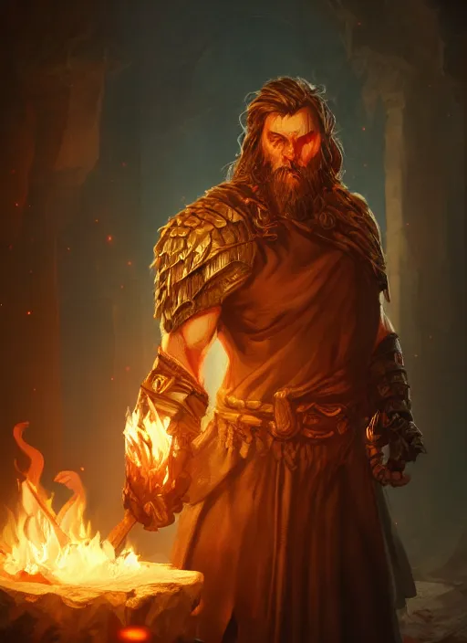 Image similar to A fantasy comic book style portrait painting of a brutal muscular male cleric druid spell casting flames in a atmospheric dark fortress, unreal 5, magician, DAZ, hyperrealistic, octane render, RPG portrait, ambient light, dynamic lighting