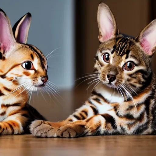 Prompt: Bengal cat playing with bunny