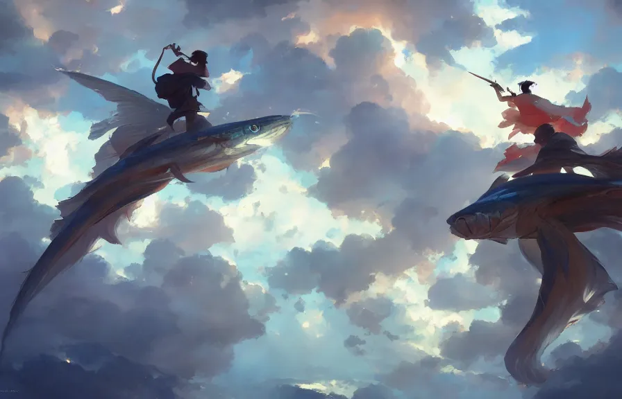 Image similar to greg manchess concept art of the sky fish dimension, key visual, ambient lighting, highly detailed, digital painting, artstation, concept art, sharp focus, by makoto shinkai and akihiko yoshida and hidari and wlop and greg rutkowski