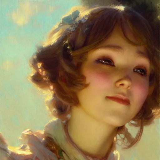 Prompt: a detailed portrait of am adorable anime girl, smile coy, closed eyes, painting by gaston bussiere, craig mullins, j. c. leyendecker