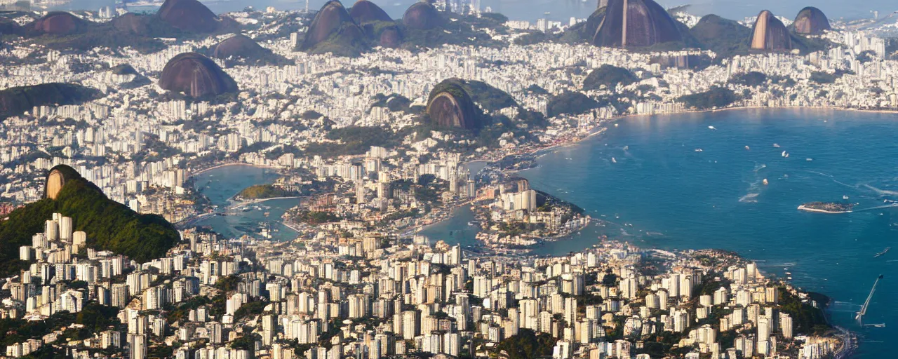 Prompt: hyperdetailed beautiful birds eye view of Copacabana beach, sugar loaf mountain, and Christ statue, in Rio de Janeiro anime by makoto shinkai, golden hour, dramatic lighting, very coherent symmetrical artwork high detail 8k