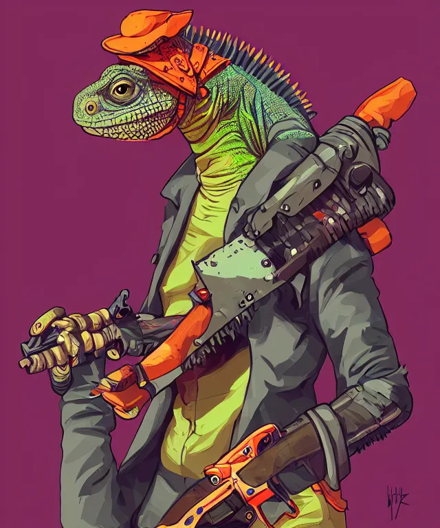 Image similar to a portrait of an anthropomorphic iguana holding a chainsaw, cyberpunk!, fantasy, elegant, digital painting, artstation, concept art, matte, sharp focus, illustration, art by josan gonzalez