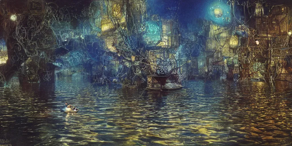 Prompt: a mystic river, the river is full of lights, mysticism, artwork, watercolor, cinematic, exposure, slit - scan photography, 4 k, ultra - hd, incandescent, ray tracing reflections, insanely detailed and intricate, elegant, ornate, hyper realistic, super detailed by dorothea tanning, by bruce pennington