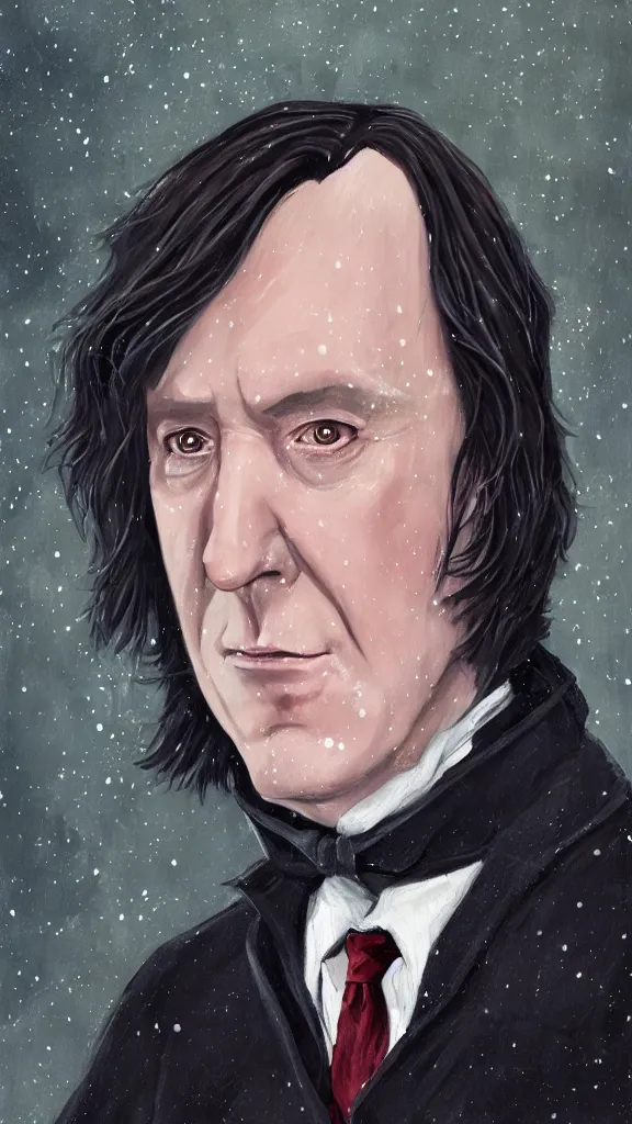 Prompt: a close - up portrait of professor snape, attending the yule ball. beautiful painting by jim kay. color harmony, 8 k detail, gallery quality, hd wallpaper, premium prints available, hyper - detailed, intricate design.