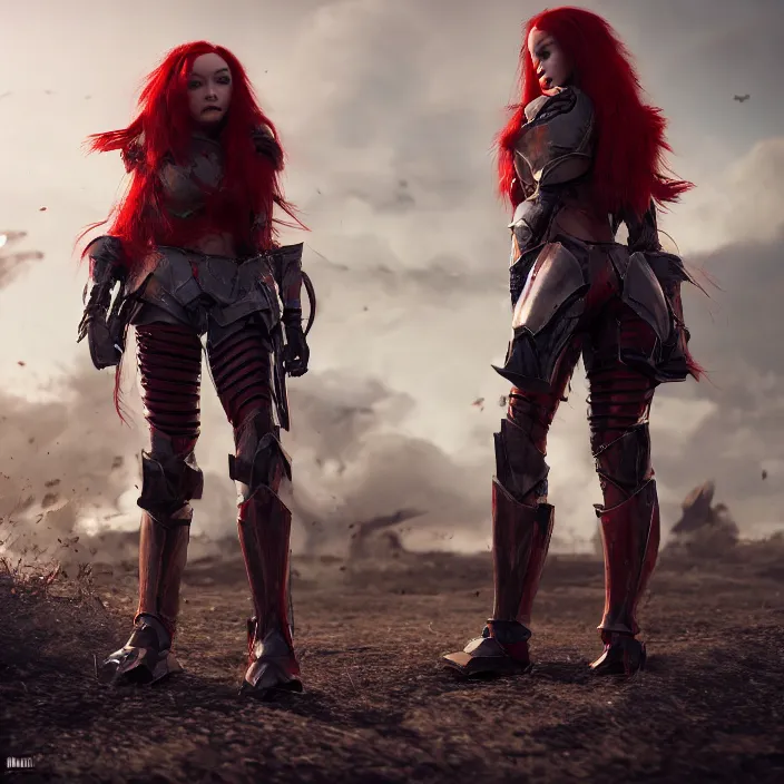 Image similar to a girl with long red hair wearing a red plate armor in a battlefield, 3d render, octane render, unreal engine 5, 8k hdr, hyperrealistic, highly detailed, high quality, concept art, trending on Artstation, full-body armor,