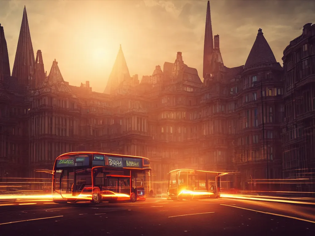 Image similar to an ancient beautiful cyborg with glowing eyes in the city of London, westminster in background, london bus, colourful, dramatic lighting, golden hour, very detailed octane render very realistic beautiful