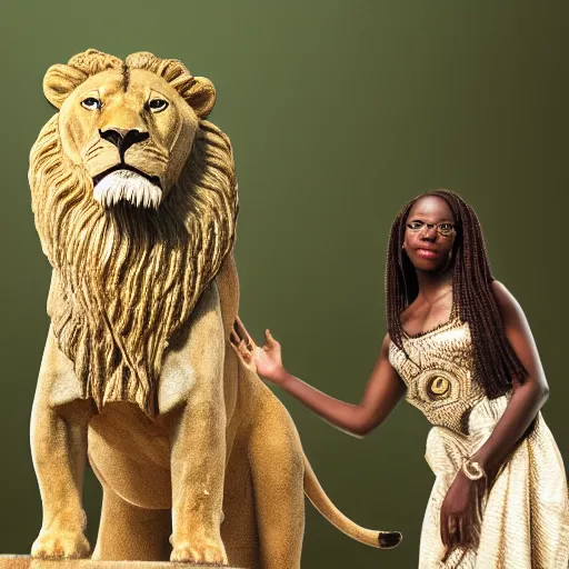 Image similar to professional photograph portrait of African Elvin princess, standing by statue of a lion, intricate complexity, manga styling, intricate complexity, subsurface scatter, drum scanner, 8k render