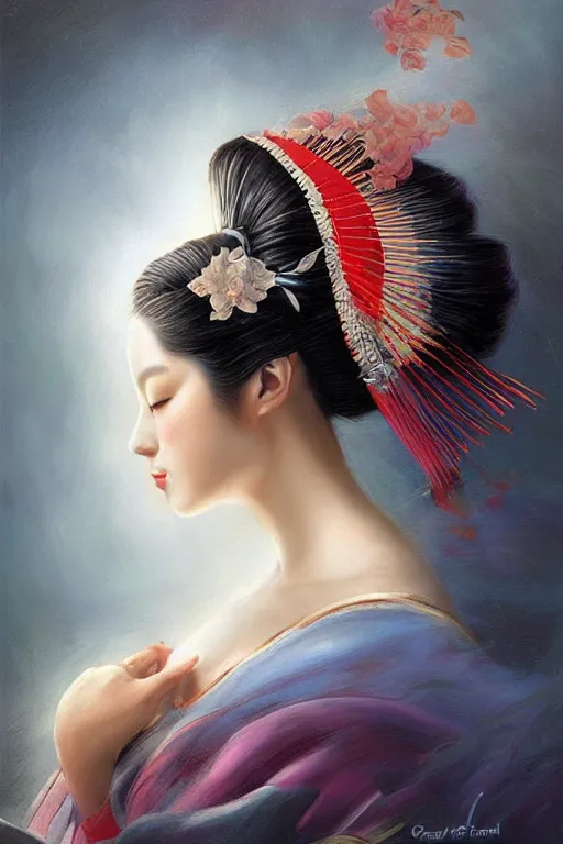 Image similar to geisha dancing in the wind, beautiful face, ethereal, gorgeous, volumetric lighting, elegant, fluid, highly detailed, digital painting, concept art, highly detailed, smooth, illustration, limited color palette, atmosphere and tension, art by greg olsen and liz lemon swindle