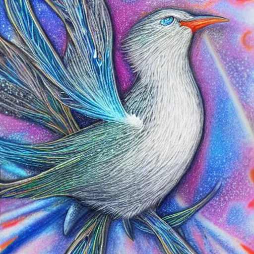 Image similar to Colored pencil art on paper, Frost Spirit Bird, highly detailed, artstation, MasterPiece, Award-Winning, Caran d'Ache Luminance