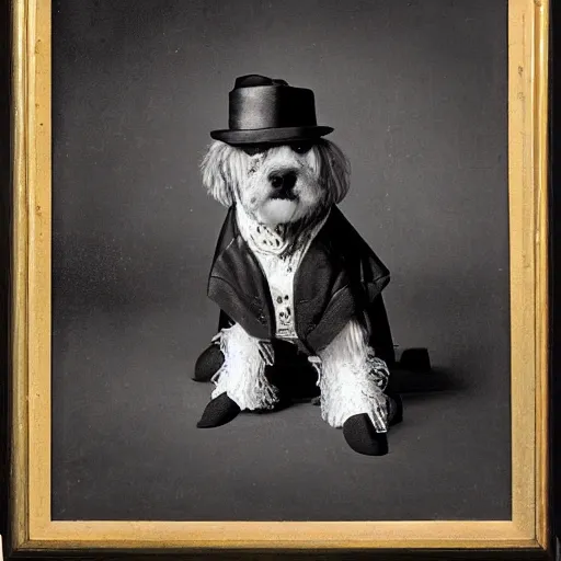 Prompt: a dog in a coat, in leather shoes, with a hat, sitting in an armchair, fluid, smooth, high contrast, sharpness, dramatic, very detailed, intricate, by windsor mckay