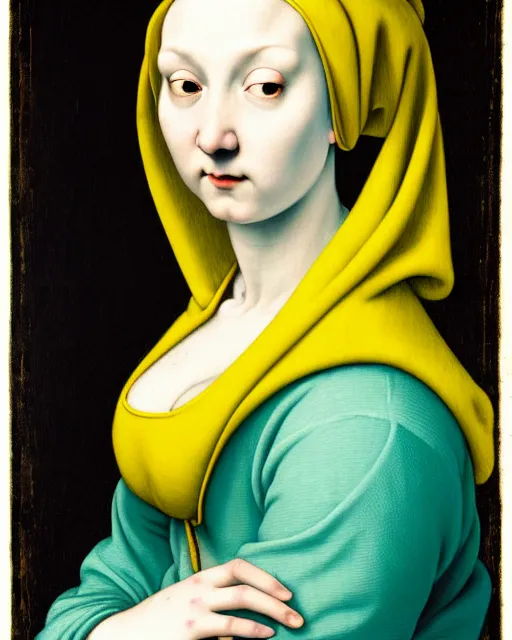 Prompt: portrait of a pale curvy woman with green blue hair buns, wearing a yellow hoodie, intricate details, high detail, black background, in a high renaissance style, in the style of jacopo da pontormo, by mark ryden, punk, asian art,