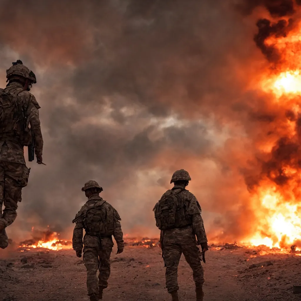 Prompt: an individual soldier walking away with a massive fiery explosion behind him, cinematic lighting, hdr, gritty in the style of the movie lone survivor