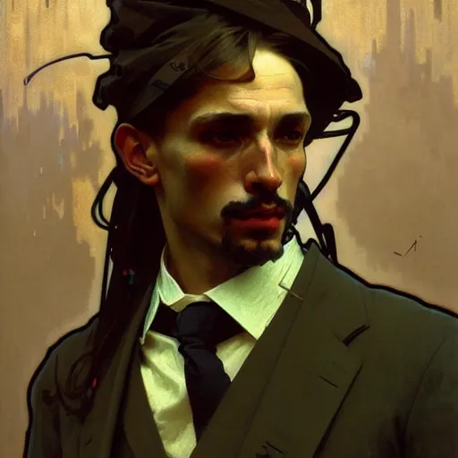 Prompt: portrait of a vicotrian man in suit by alphonse mucha, simon stalenhag and darek zabrocki, cinematic and atmospheric, concept art, artstation, trending on artstation