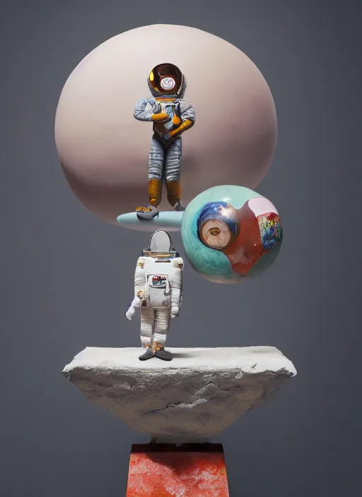 Image similar to studio photography, a surreal contemporary ceramic sculpture of an astronaut on a plinth, by victo ngai, by hikari shimoda, by tracie grimwood, plain black background