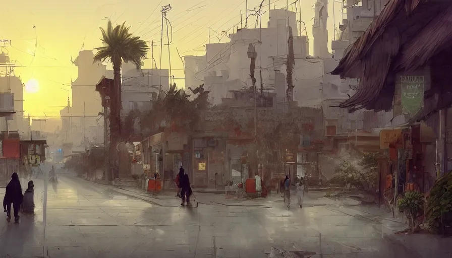Prompt: jeddah city street, roshan, shops, a bright pharmacy, a nomad wearing a worn out coat, plants, tree, dramatic lighting, by caspar david friedrich by james gilleard and justin gerard, centered, artstation, smooth, sharp focus, by jean baptiste monge, photorealistic