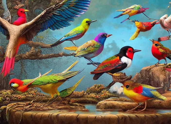 Image similar to colorful birds at the bird bath, lowbrow, matte painting, 3 - d highly detailed, style of greg simkins r,