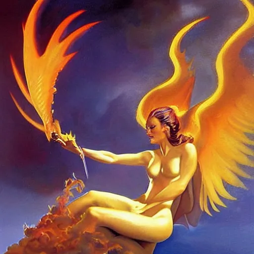 Prompt: The Pheonix Princess of Fire, painting by Boris Vallejo