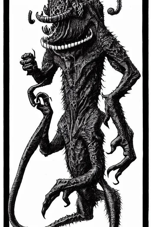 Prompt: the fresno nightcrawler as a d & d monster, full body, pen - and - ink illustration, etching, by russ nicholson, david a trampier, larry elmore, 1 9 8 1, hq scan, intricate details, inside stylized border