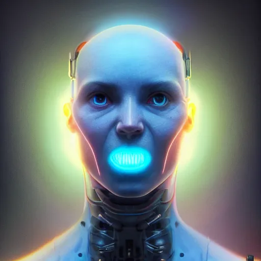 Image similar to a hyper - realistic character concept art portrait of a robotic being with multiple body parts that emit colored lights, depth of field background, artstation, award - winning realistic sci - fi concept art by jim burns and greg rutkowski, beksinski, a realism masterpiece, james gilleard, bruegel, alphonse mucha, and yoshitaka amano.