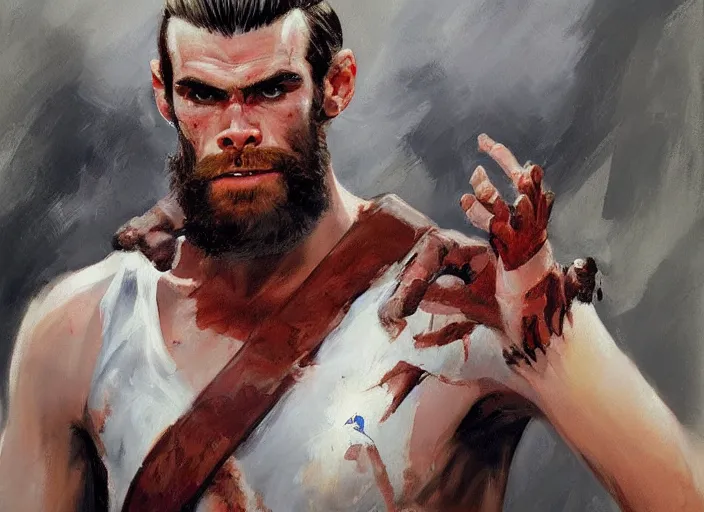 Image similar to a highly detailed beautiful portrait of gareth bale as kratos, by gregory manchess, james gurney, james jean