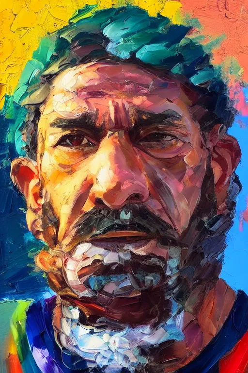 Prompt: palette knife oil painting portrait of a middle aged, athletic, lean, aboriginal hipster, psychedelic, artstation trending, artgerm, any racial background, deviant art, hipster, octane, substance, art history 8 k