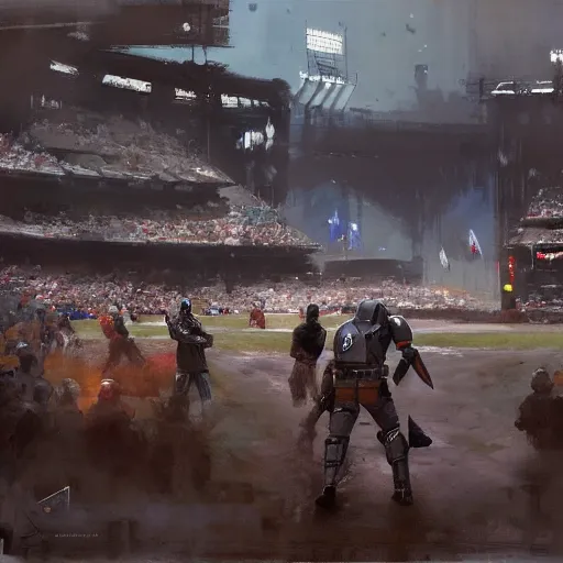 Image similar to the mandalorian, baseball game setting, by craig mullins, jeremy mann, jeremy mann.