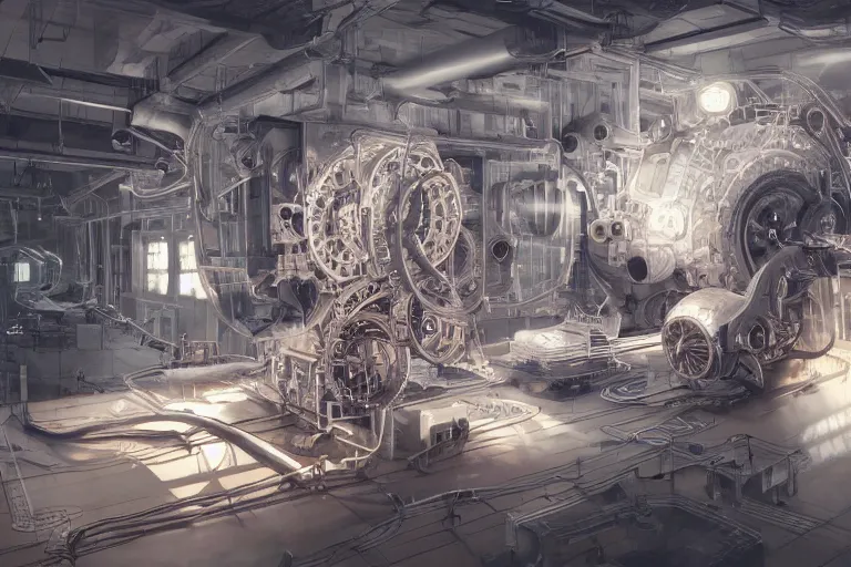 Image similar to hyperrealistic photography of a machine being constructed by a female scientist in the style of Jin Kagetsu, James Jean and wlop, highly detailed, masterpiece, award-winning, sharp focus, intricate concept art, digital painting, ambient lighting, 4k, artstation