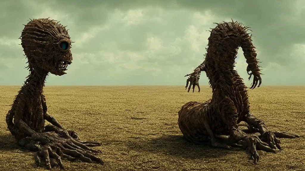 Prompt: the creature that told me when to die, film still from the movie directed by Denis Villeneuve with art direction by Salvador Dalí, wide lens