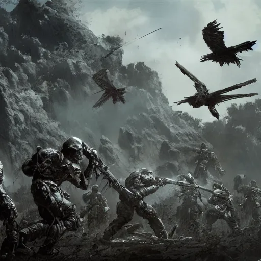 Image similar to battlefield crows, intricate detail, royo, vallejo, frazetta, giger, bosch, klimt, miro, whealan, hd, unreal engine,