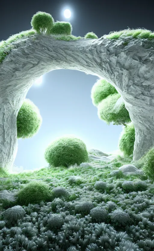 Image similar to highly detailed ultra sharp 3 d render cinematic composition of a smooth ceramic porcelain magnolia stone white fluid fractal sci - fi surreal architecture landscape, marble, magnesium, vining foliage blooms, archviz, vincent callebaut composition, mamou - mani, beautiful lighting, 8 k, unreal engine, hdr, dof