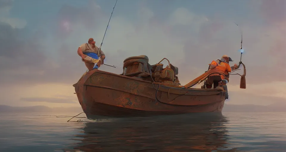 Prompt: a beautiful painting of bill murry fishing, gigantic, octane render, brilliantly coloured, intricate, ultra wide angle, trending on artstation, dusk, volumetric lighting, polished, micro details, ray tracing, 8k