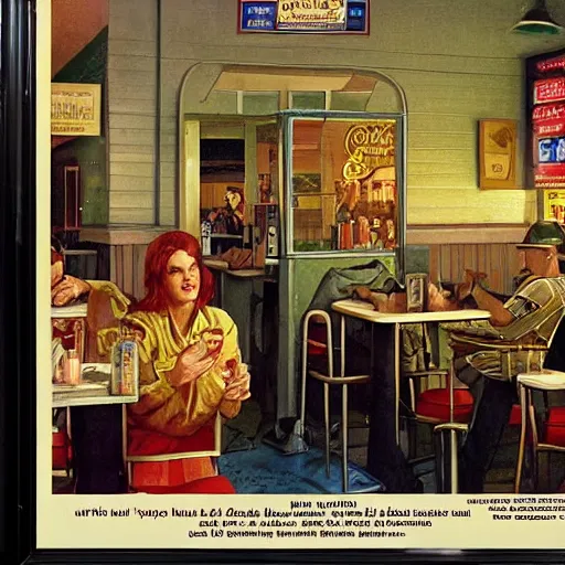 Image similar to a roadside diner open since the 7 0 s in ohio. free coffee refills, daily specials, and a door you must never open, high quality high detail art by angus mcbride and norman rockwell and nc wyeth, hd, realistic, photorealistic lighting, modern supernatural horror.