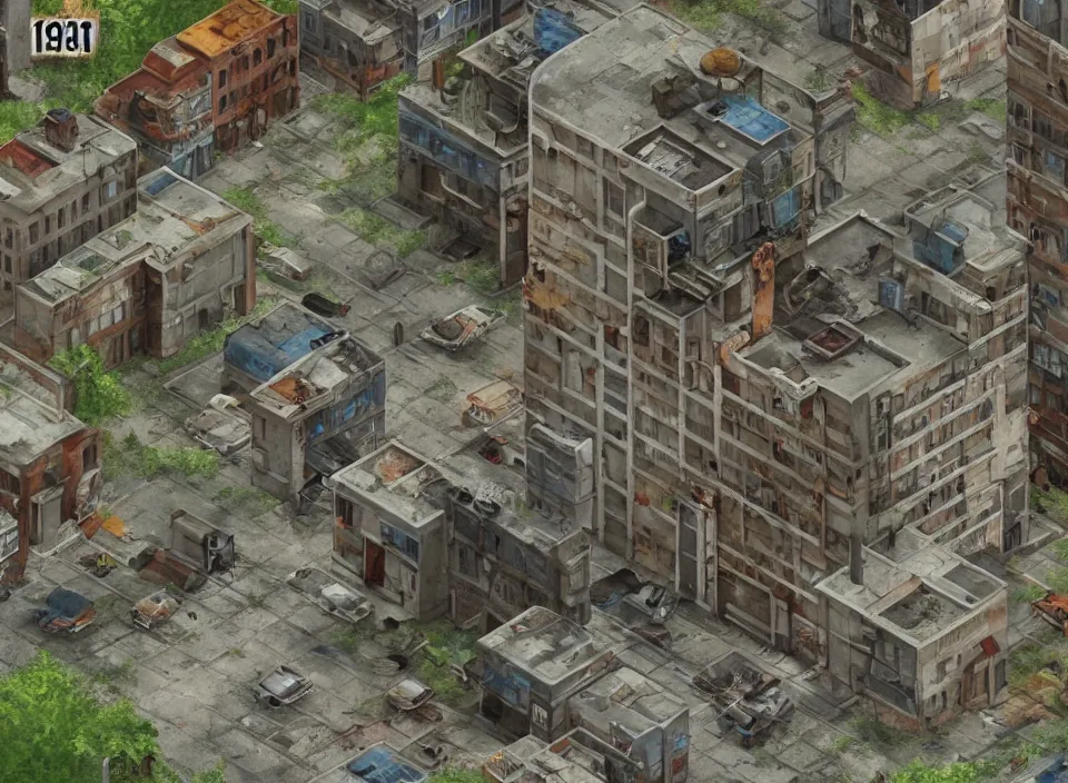 Prompt: Screenshot of an outside of an abandoned and rusty Polish apartment building in Fallout 2 (1998), isometric perspective, postapocalyptic, bird's eye view, prerendered isometric graphics, high quality