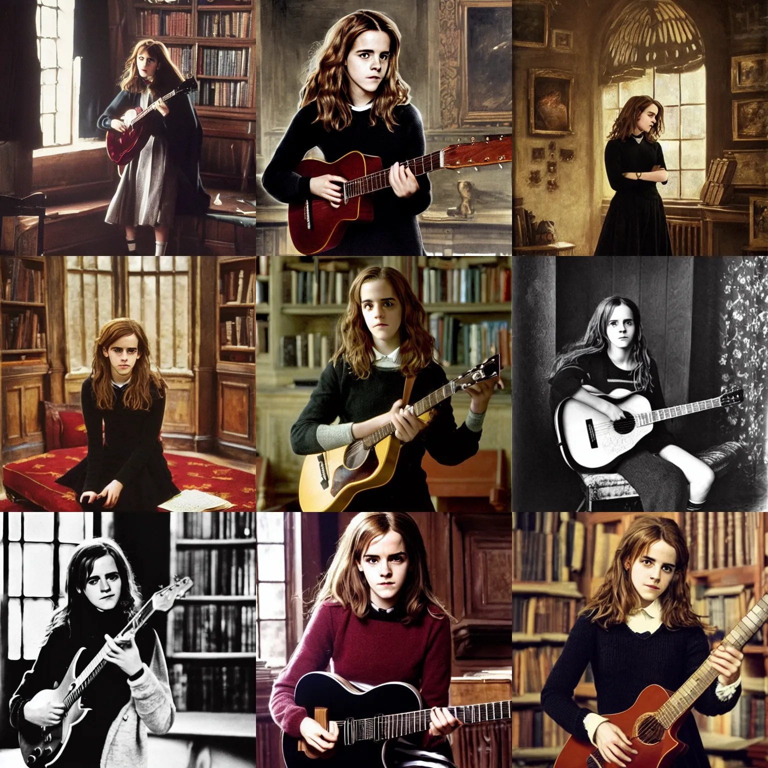 Prompt: Hermione Granger/Emma Watson wearing a black sweater, playing a guitar, in the Gryffindor common room, portrait photo by John Constable